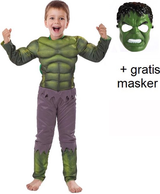 Luxe groen superhelden kostuum voor kinderen met spierballen + 1 masker - 134/140 (L) 9-10 jaar - verkleedpak carnavalskleding