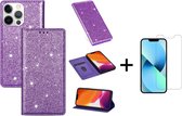 Apple iPhone 13 Mini Glitter Bookcase | Hoogwaardig PU Leren Telefoonhoesje | Pasjeshouder | Paars + 1x Screenprotector