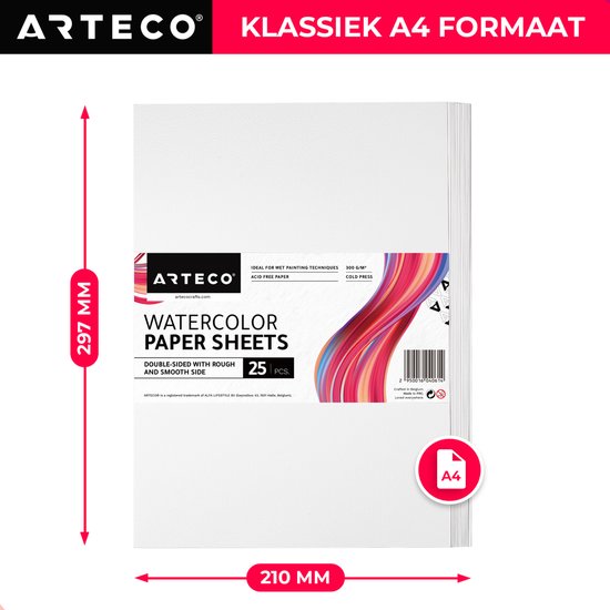 ARTECO® 25 vellen Aquarelpapier – Aquarelblok – Tekenblok – 300 gr/m2 – A4 Formaat