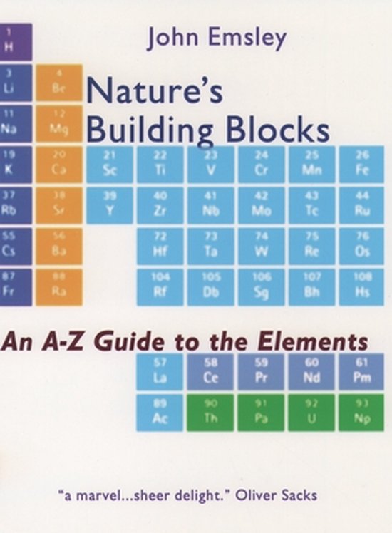 Boekomslag met de titel 'Nature's Building Blocks' en een periodiek systeem.