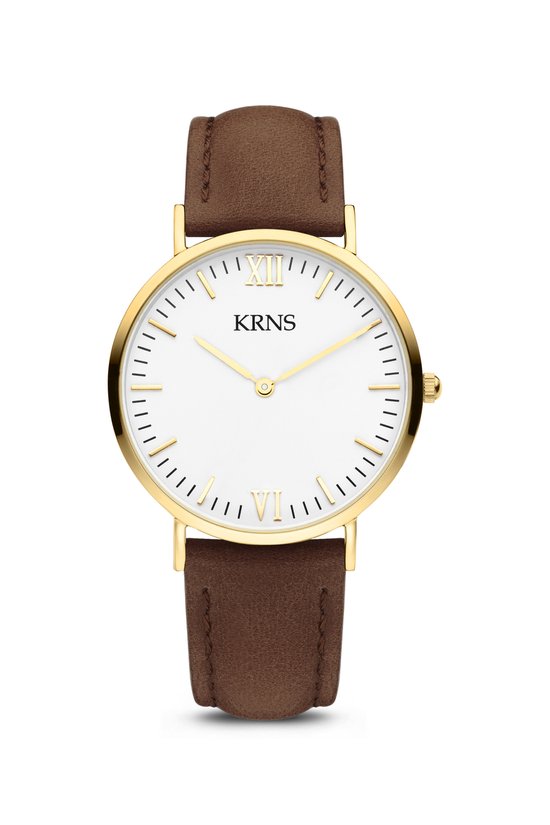 KRNS 1005 - Horloge - Analoog - Dames - Vrouwen - Leren band - Bruin - Goudkleurig - Wit