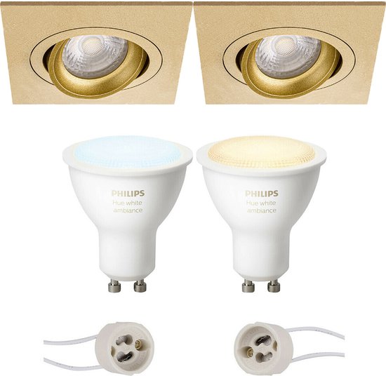 Proma Borny Pro - Inbouw Vierkant - Mat Goud - Kantelbaar - 92mm - Philips Hue - LED Spot Set GU10 - White Ambiance - Bluetooth