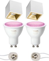 Pragmi Cliron Pro - Opbouw Vierkant - Mat Wit/Goud - Verdiept - 90mm - Philips Hue - Opbouwspot Set GU10 - White and Color Ambiance - Bluetooth - BES LED