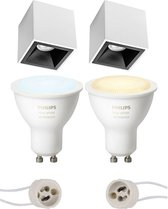 Pragmi Cliron Pro - Opbouw Vierkant - Mat Wit/Zwart - Verdiept - 90mm - Philips Hue - Opbouwspot Set GU10 - White Ambiance - Bluetooth - BES LED