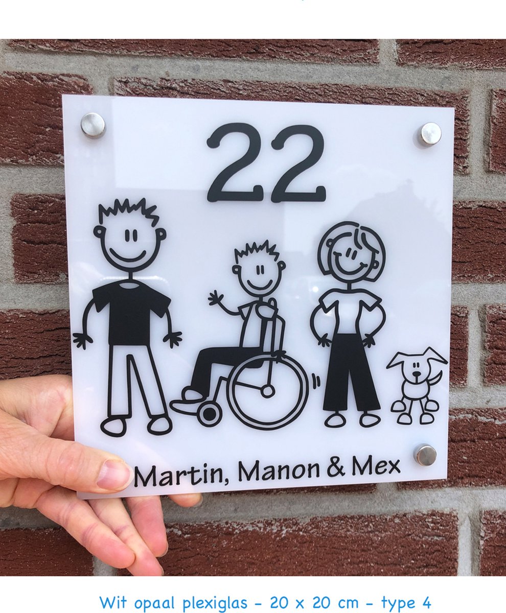 Naambordje Familie - Wit opaal plexiglas - 20 cm x 20 cm - kies zelf je figuurtjes - compleet pakket