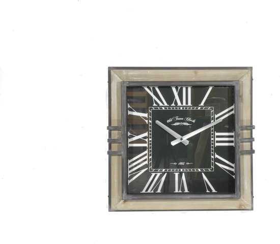 Lucy's Living Luxe Wall Clock SQUARE Marron / Zwart/ Multi - ø42x42 cm - Horloge murale industrielle - blanc - or - Horloge - Industriel - Vintage - Moderne - Chiffres romains - Klok noire