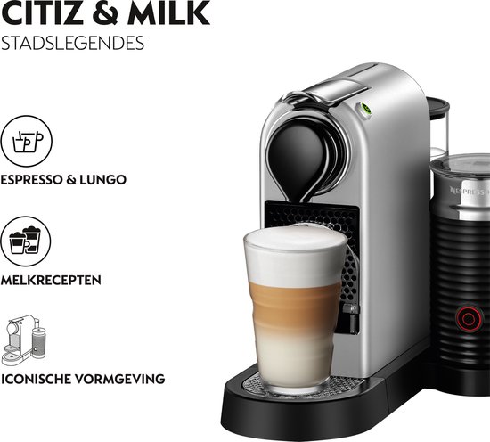 Zilverkleurige Nespresso Citiz & Milk machine met iconische vormgeving, melkopschuimer en glas latte.