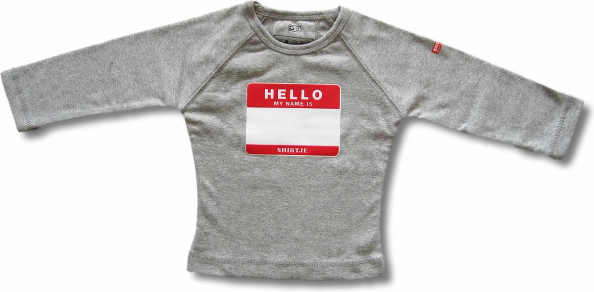 Twentyfourdips | T-shirt lange mouw baby met print 'My name is' | Grijs melee | Maat 68 | In giftbox