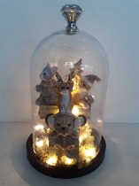 Kerstbeeldjes glazen stolp met strassknop en katjes en 1 hondenkop met 20 ledlichtjes hand gemaakt dus uniek  25x14x14 cm