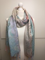 Lange dames sjaal omslagdoek Mirthe paisley motief oudroze blauw paars roze