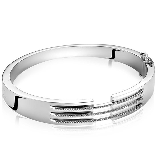Mart Visser by ZINZI zilveren strakke bangle armband 11mm, drie banen bezet met witte zirconia's MVA18