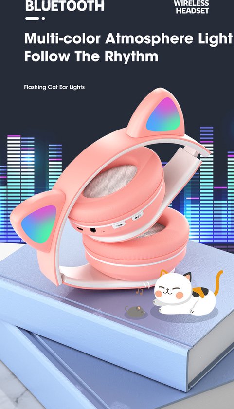 Kinder Hoofdtelefoon-Draadloze Koptelefoon-Kids Headset-Over Ear-Bluetooth-Microfoon-Katten Oortjes-Led Verlichting-Roze