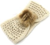 Warme Gebreide Hoofdband - Pompon Imitatiebont - Oorwarmers - Beige