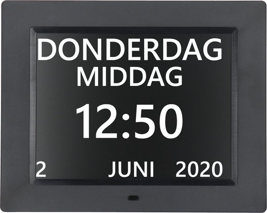 Zwarte digitale klok met witte tekst: 'DONDERDAG MIDDAG 12:50 2 JUNI 2020'.