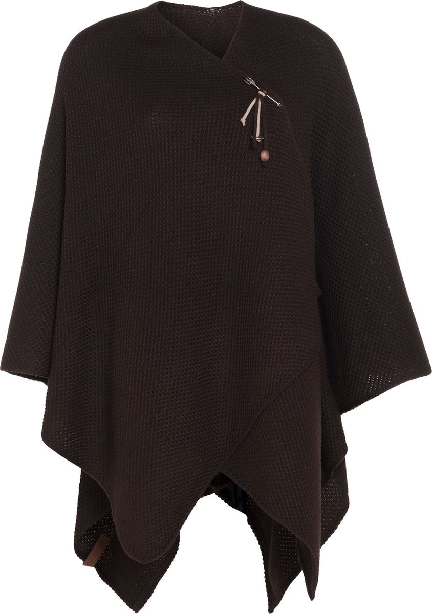 Knit Factory Jazz Gebreid Omslagvest - Dames Poncho - Wikkelvest - Gebreide bruine poncho - Gebreide mantel - Winter poncho - Dames cape - One Size - Inclusief sierspeld - Donkerbruin