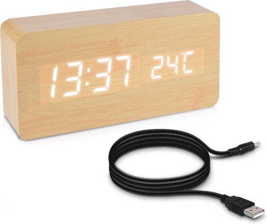 kwmobile Wekker Uhr in Holzoptik digital - DigitalWekker Anzeige von Uhrzeit Temperatur Datum - Alarm Clock mit USB Kabel in Birke mit weißen LEDs
