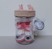 Kraamcadeau - geboortegeschenk  meisje - geborduurde beschuit met muisjes - glazen pot sokjes MEISJE.