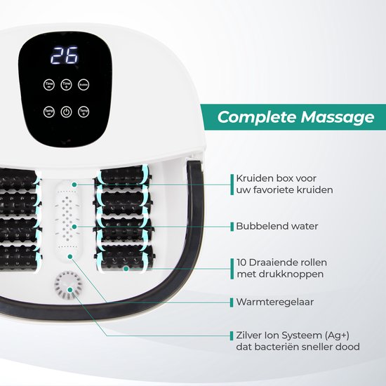 Niceey Massage Voetenbad XXL – Elektrisch Voetbad met Bubbelfunctie – 10 Massage Rollers – Tot 48°C - Infrarood Voetmassage - 12L - Wit