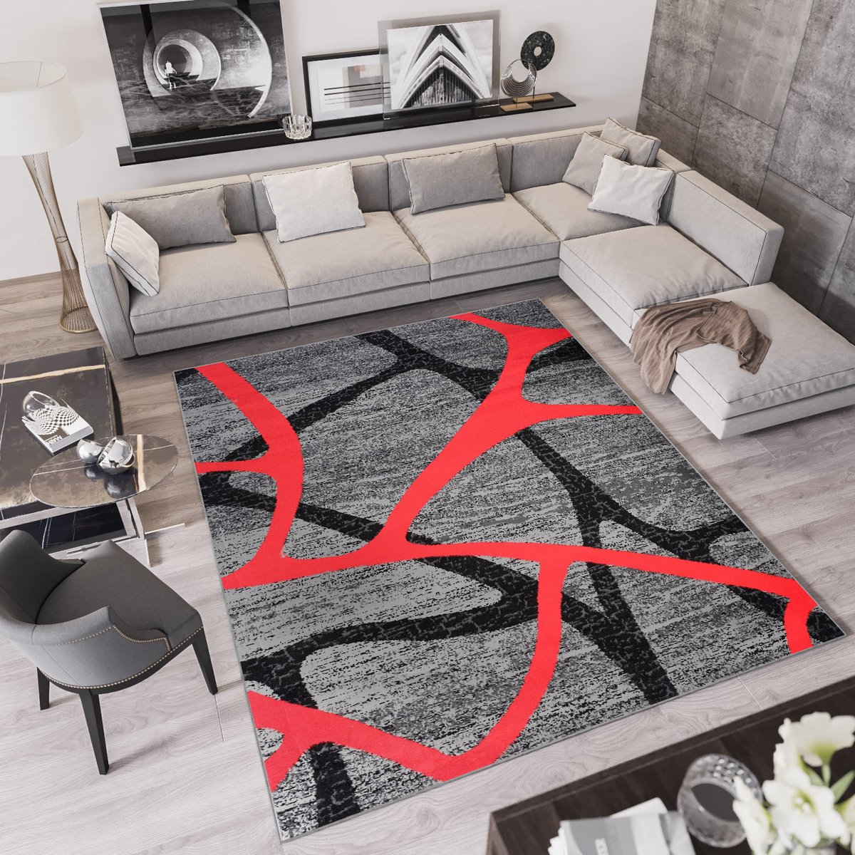 Tapiso Qmega Vloerkleed Rood Grijs Abstract Tapijt Maat- 140x200
