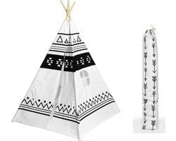 foto van Tipi tent katoen  - wit/ecru met speels zwart design - inclusief handige opberghoes