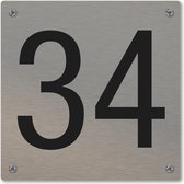 Huisnummerbord - huisnummer 34 - voordeur - 12 x 12 cm - rvs look - schroeven - naambordje nummerbord