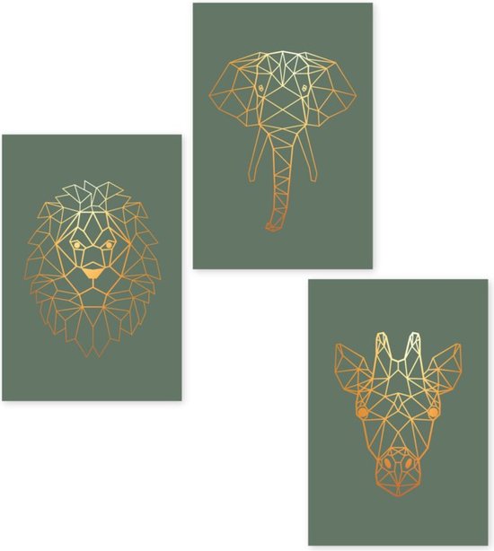 Posters- Set 3 posters - geometrische - dieren - poster - 30x40 cm – goudlook - giraf - olifant - leeuw