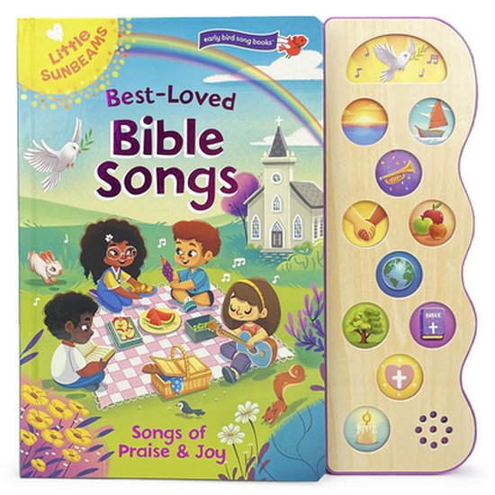 Livre pour enfants joyeux 'Best-Loved Bible Songs' avec des boutons sonores sur un panneau en bois. Illustrations d'enfants sur une couverture de pique-nique.