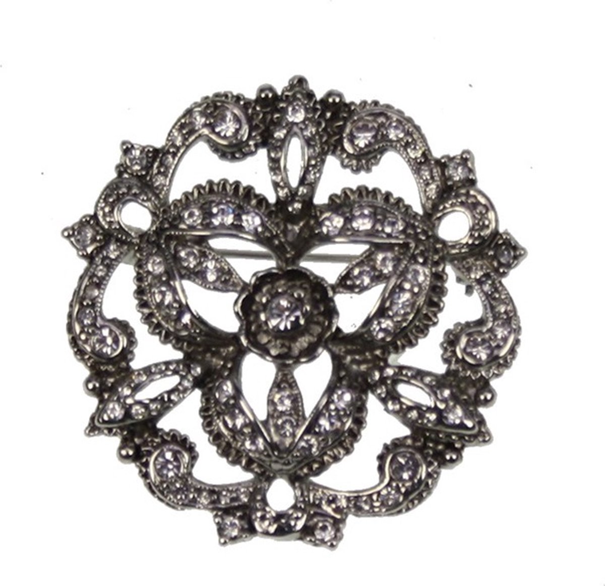 Broche rond bloemvorm met strass/antiek zilverkl. Ø4x1cm