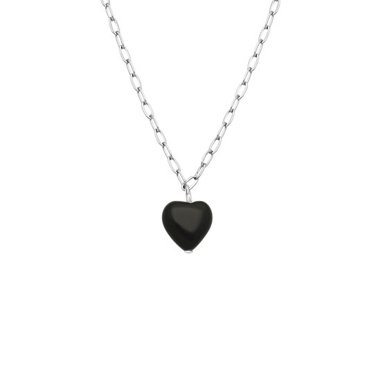 Lucardi Dames Ketting met hart zwarte obsidiaan - Staal - Ketting - Cadeau - 45 cm - Zilverkleurig
