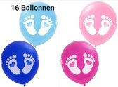 16 Ballonnen Geboorte Gender Reveal,  8 x Blauw & 8 x Roze met Voetjes opdruk, Geboorte, Gender reveal