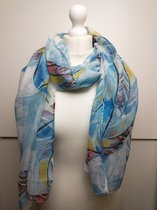 Lange dames sjaal Mylene bladerenmotief blauw geel roze zwart wit