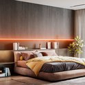 Een slaapkamer met een bed met een roze en geel dekbed, verlicht door een oranje led-strip boven een boekenplank.