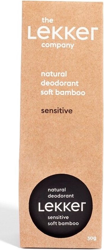 Bruine kartonnen verpakking voor "the Lekker company" natuurlijke deodorant, zacht bamboe, sensitief.