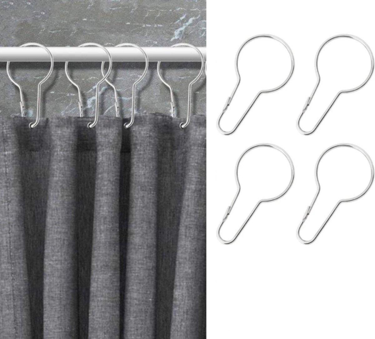 FSW-Products - 10 Stuks - Gordijnringen - Gordijnhaken - Douchegordijnringen - RVS - Zilver - Lengte 7cm - Gordijnring voor Buis - Kuifhaken - Raamdecoratie accessoires