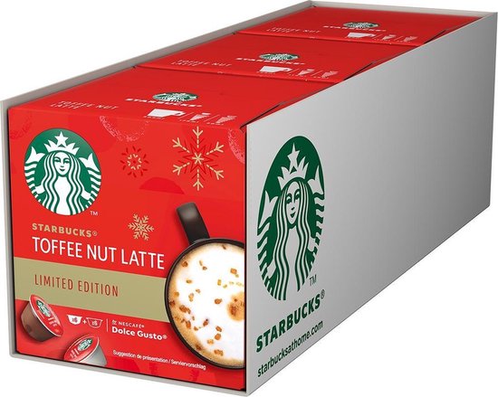 Doos Starbucks Toffee Nut Latte Limited Edition koffiecapsules met kerstdecoratie en een afbeelding van een latte.