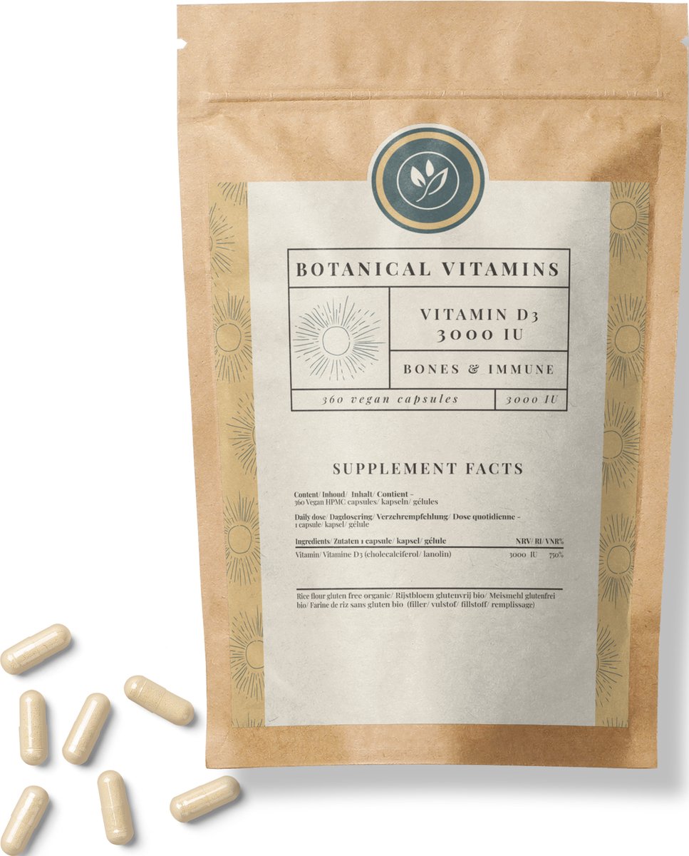 Vitamine D3 3000 IU - Voordeelverpakking - 360 capsules - 100% composteerbare verpakking - Botanical Vitamins