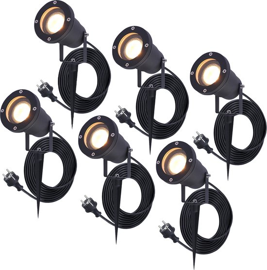 HOFTRONIC™ 6x Sydney Prikspot - GU10 - Plug & Play - Warm wit 2700K - 5 Watt - Voor buiten - Priklamp - Zwart - Grondspies - 1.5 meter netsnoer - Tuin spots, spo