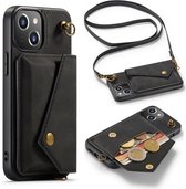 Apple iPhone 13 Mini Casemania Hoesje Charcoal Gray - Luxe Back Cover met Koord - Wallet Case - Pasjeshouder