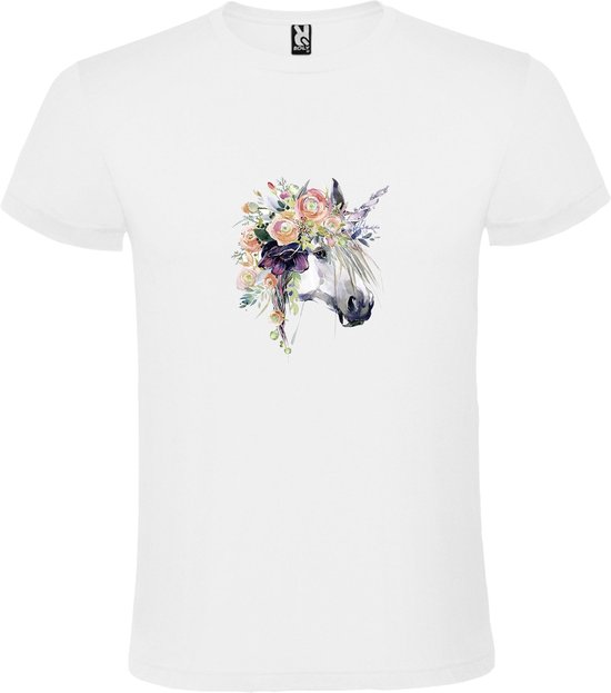 Wit t-shirt met grote print 'Eenhoorn met bloemen'