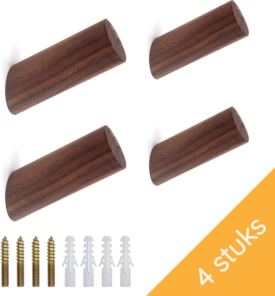Homium Houten wandhaken - Walnoot - 4 stuks - 8 cm - Kapstokhaak - Jashaak - Handdoekhaak