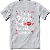 Hugs Kisses and Valentine Wishes - Valentijn T-Shirt | Grappig Valentijnsdag Cadeautje voor Hem en Haar | Dames - Heren - Unisex | Kleding Cadeau | - Licht Grijs - Gemaleerd - S
