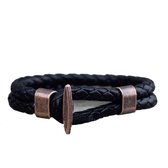 Marama - Armband Black Leer Brons Braided - zwart leer - unisex - 21 cm. - cadeautje voor hem en haar