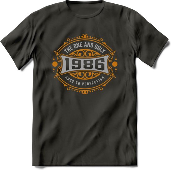 1986 The One And Only T-Shirt | Goud - Zilver | Grappig Verjaardag  En  Feest Cadeau | Dames - Heren | - Donker Grijs - L
