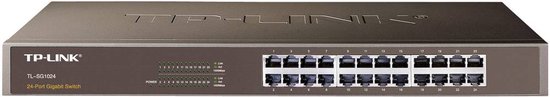 Gedetailleerde voorkant van een zwarte TP-Link TL-SG1024 24-poorts Gigabit Switch.