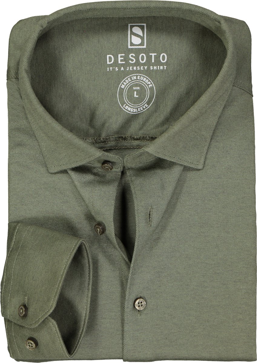 DESOTO slim fit overhemd - stretch pique tricot Kent kraag - olijfgroen - Strijkvrij - Boordmaat: 39/40
