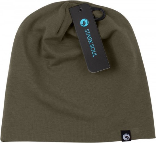 Kaki slouch beanie muts met merklabel 'Stark Soul' en logo.