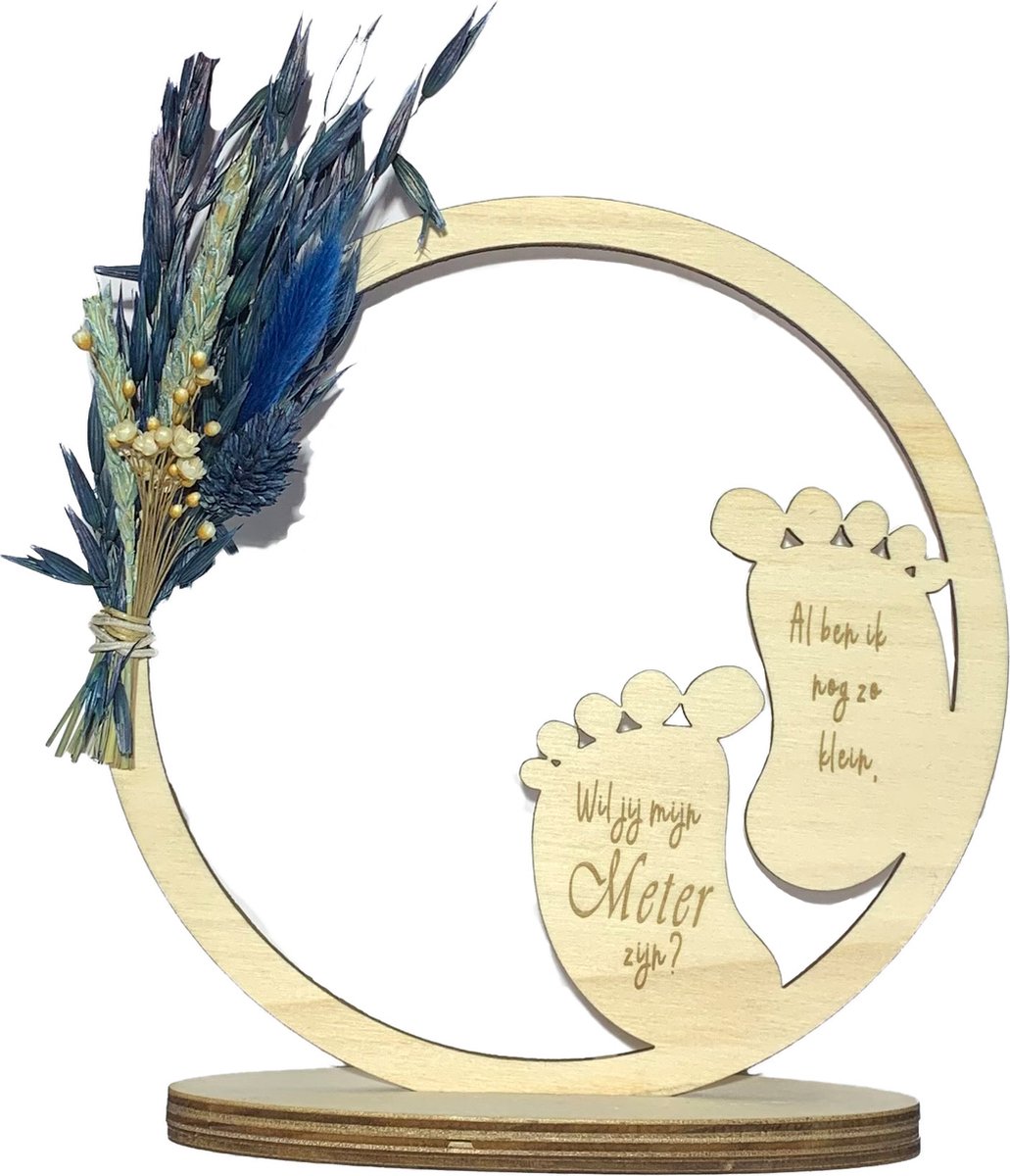 Hoepel en droogbloemen Wil jij mijn Meter zijn? | blauw | voetjes | cadeau | meter vragen | meter worden | peettante vragen | peettante worden