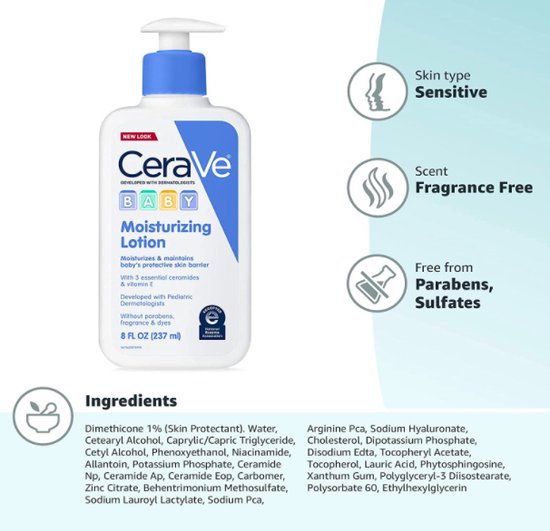 CeraVe Baby Lotion - Zachte babyhuidverzorging met Hyaluronzuur en Ceramiden - Baby Moisturizing Lotion - Parabenen en geurvrij - 237ml van CeraVe — afbeelding 3