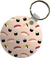 Sleutelhanger - Sushi illustratie tegen lichtroze achtergrond - Plastic - Rond - Uitdeelcadeautjes