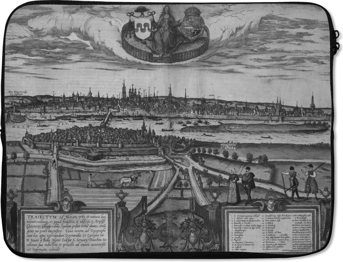 Laptophoes 17 inch - Kaart - Maastricht - Geschiedenis - Laptop sleeve - Binnenmaat 41x28 cm - Zwarte achterkant